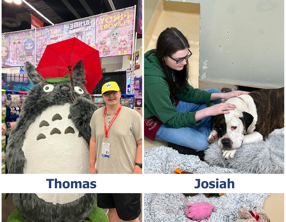 The image is divided into two sections. Left: Thomas is standing next to a large Totoro mascot at a comic convention, wearing a yellow cap and a lanyard with an event badge. Right: Josiah is sitting on the floor, petting a large dog that is lying on a furry blanket. Josiah is wearing glasses and a green hoodie with the word "Volunteer" partially visible.