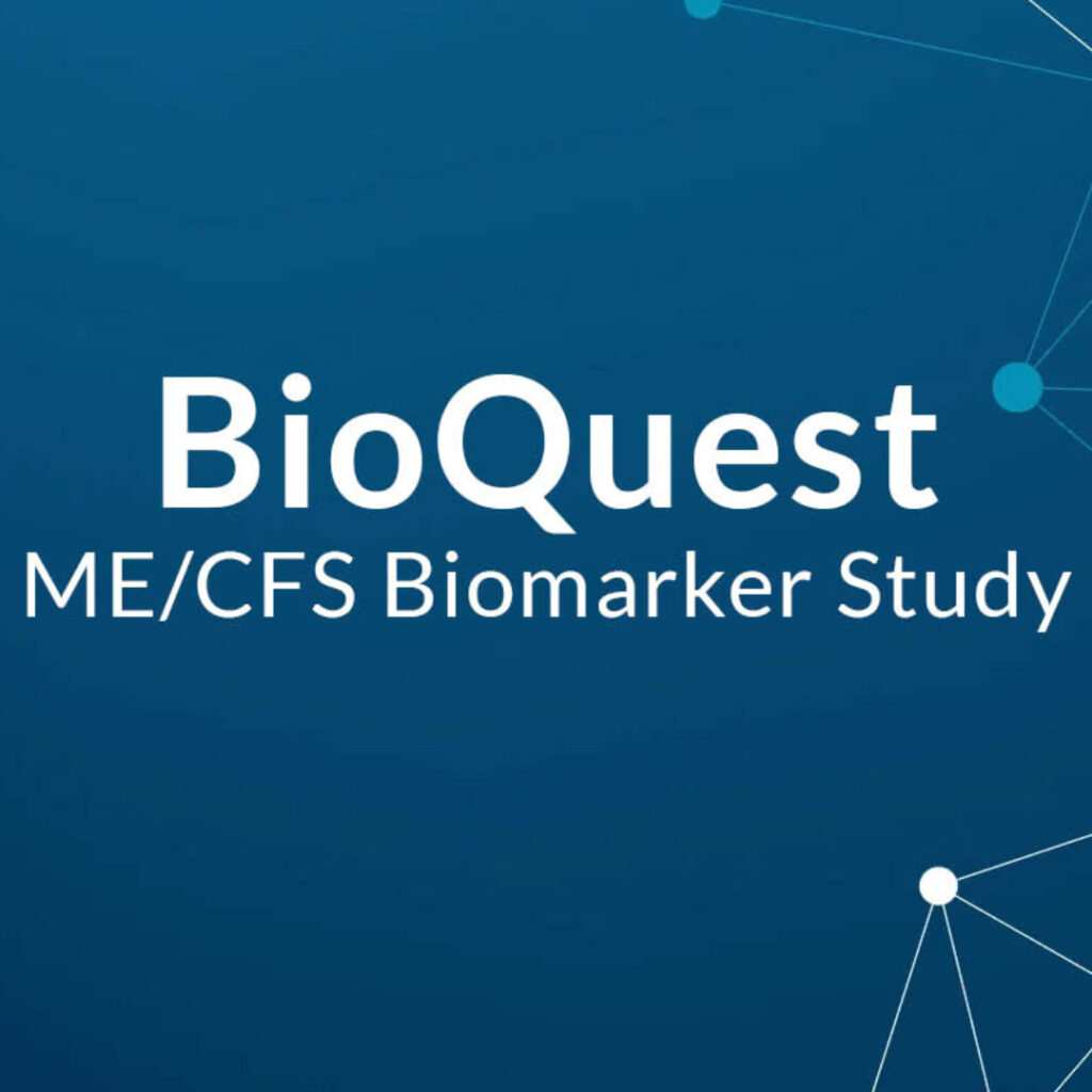 Graphic with a blue background featuring the title ‘BioQuest ME/CFS Biomarker Study,’ with small connected dots and lines suggesting a scientific network.