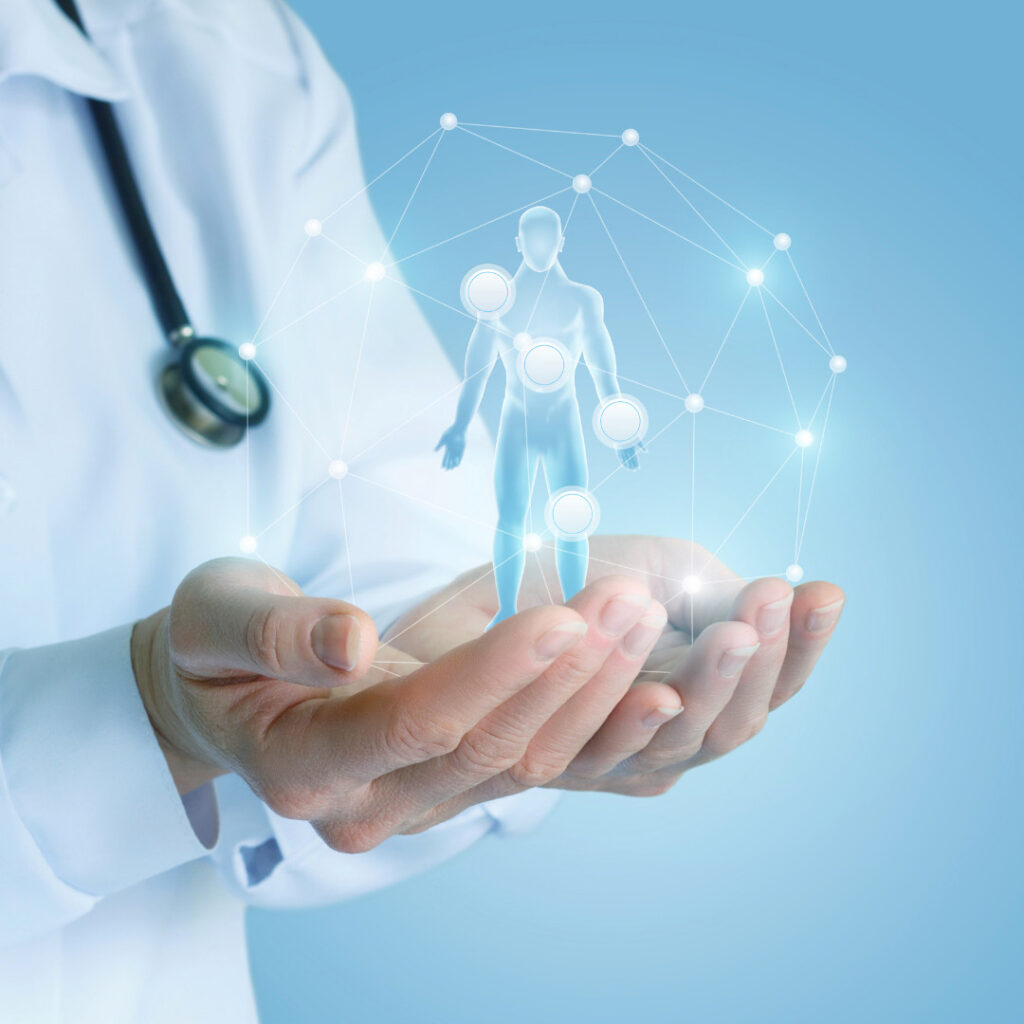 Graphic titled “Symptom Burden” where a clinician with a stethoscope is holding a glowing human silhouette over a connected network.