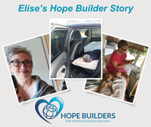 Elise Collage featuring images of Elise smiling at the camera, lying down in the back seat of a car, and resting with her dog.