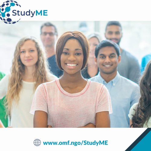 studyme promo 4 The image shows a smiling young woman in a pink T-shirt with the OMF StudyME logo in the top left corner. Behind her are blurred figures, suggesting a diverse group involved in a collaborative effort.